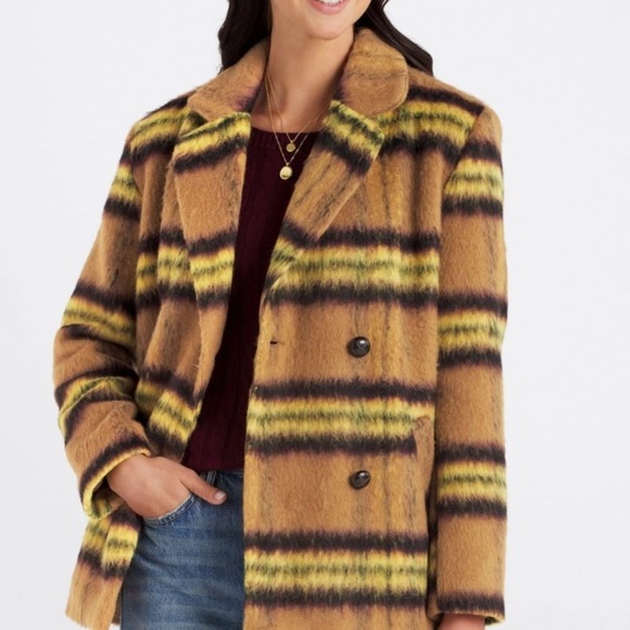 Vigoss Plaid Double Breasted Peacoat Lemon,‎ Brushed Polished Checks Preppy Fall - Picture 4 of 15